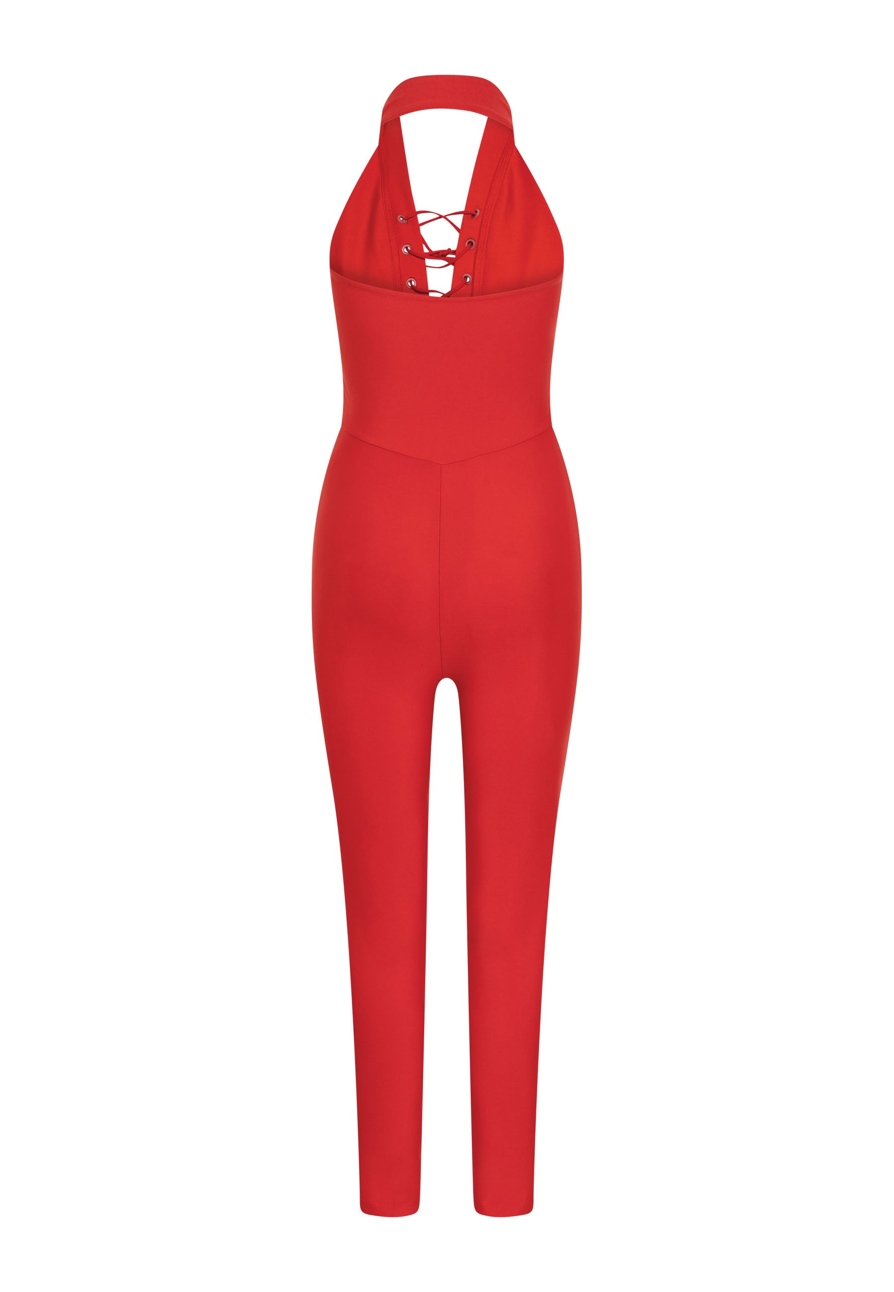 Roter Lucia-Jumpsuit von Esmeralda: ärmellos, Neckholder-Ausschnitt, Schnürausschnitt.
